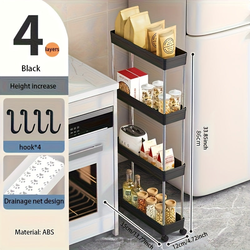 Carrito de almacenamiento rodante de 4 niveles con ruedas, drenaje hueco, estantes de metal delgados, organizador móvil para cocina, baño, habitación de lavandería - Negro, capacidad para 20 personas, carrito de almacenamiento de cocina