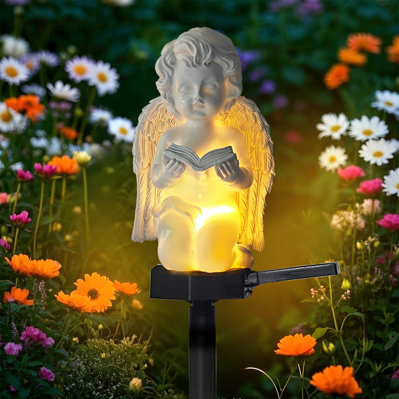 Estatua de ángel con alas de resina y vela, alimentada por energía solar, para decoración de jardín al aire libre, iluminación de césped para patio, sendero o jardín, figura de bendición eficiente en energía para niños y adultos, decoración de jardín sol