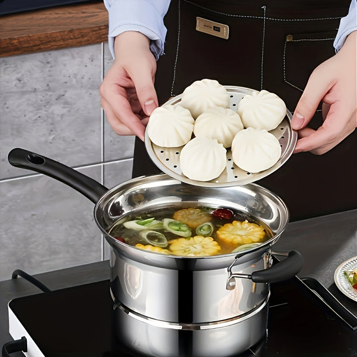 Juego de cocina de acero inoxidable SENBOWE 3-en-1 - Olla multiusos duradera con cesta de freír profunda, inserto de vapor y tapa de vidrio ventilada - Cocina versátil para freír, cocinar al vapor y cocinar