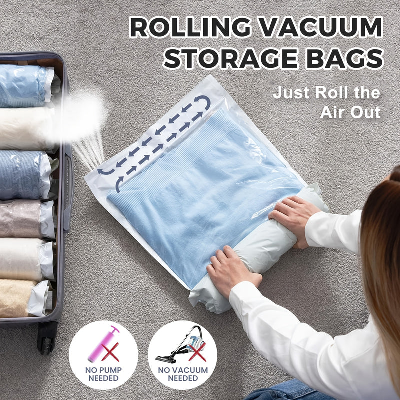 6pcs Bolsas de Compresión de Viaje Enrolladas a Mano - No Necesita Bomba, Almacenamiento Transparente para Toallas, Calcetines, Cosméticos y Más - Acabado Mate Mejorado, Varios Tamaños Disponibles