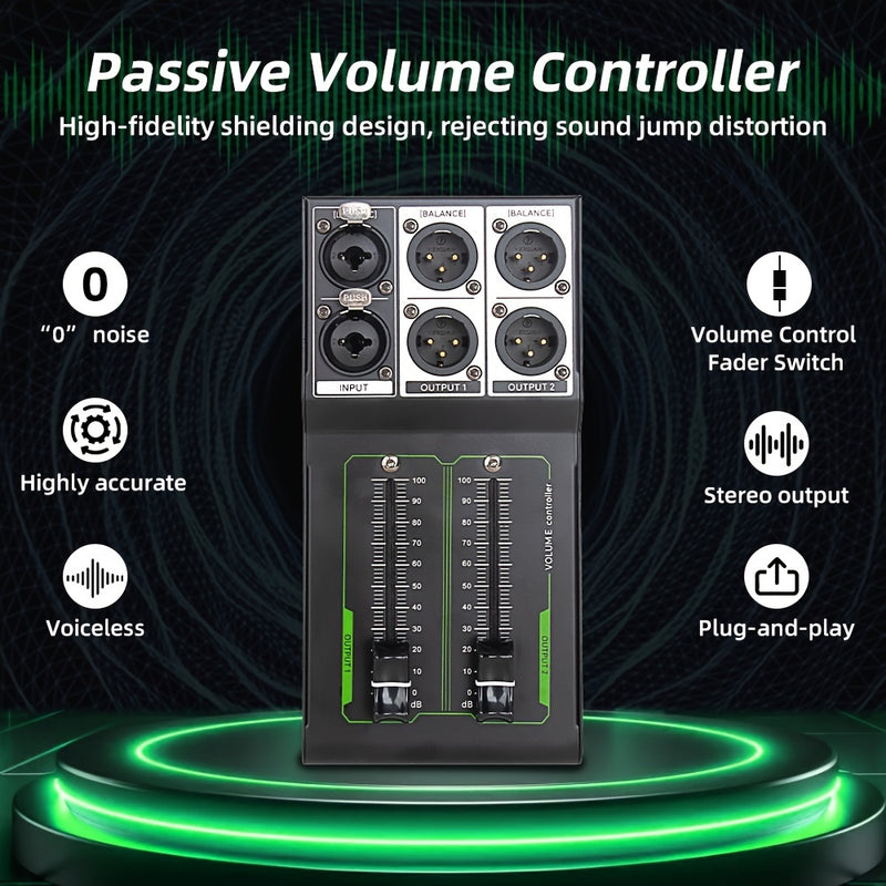 Controlador de Volumen Pasivo AROMA - Alta Fidelidad, Entrada/Salida Sin Ruido, Ajuste de Calidad de Sonido Sin Pérdidas, Metal Negro con Detalles Verdes, Compatible con PC, 36V y Menos, para una Experiencia de Audio Mejorada