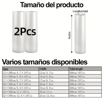 2 rollos de bolsas de sellado al vacío Agashe, 5 m de longitud, 7 tamaños disponibles, sin BPA, duraderas y resistentes al desgarro, para almacenamiento de alimentos y cocción a baja temperatura, artículos esenciales de cocina para el hogar