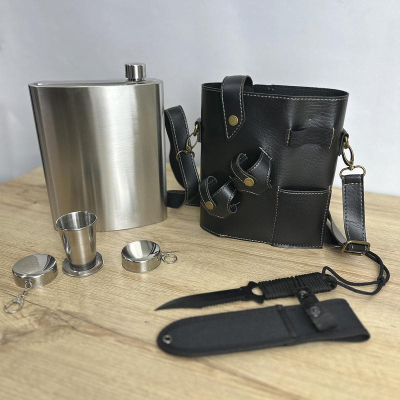 Whiskera 48 OZ Copas y Cuchillo Táctico Con Estuche De Cuero MR-21