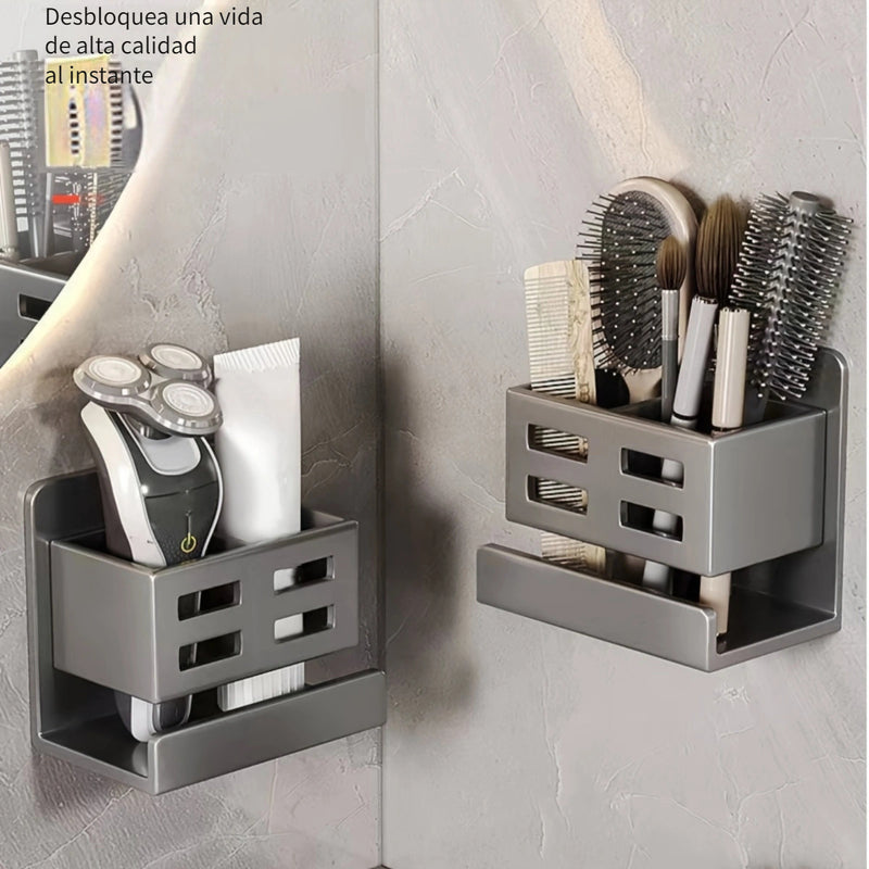 Un cilindro de almacenamiento para peines en el fregadero, un soporte para cepillo de dientes y afeitadora para el baño, una caja de almacenamiento para limpiador facial y un organizador de montaje en pared que no requiere taladro, caddies de ducha