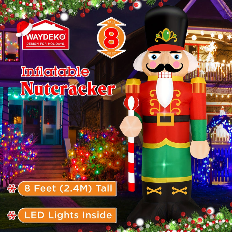 Soldado Cascanueces Gigante Iluminable de 243.84 cm - Decoración Navideña para Jardín y Césped con Ventilador Integrado y Cuerdas de Anclaje, Diseño Rojo y Verde en Forma de Cascanueces para Exteriores, Adorno Inflable de Navidad