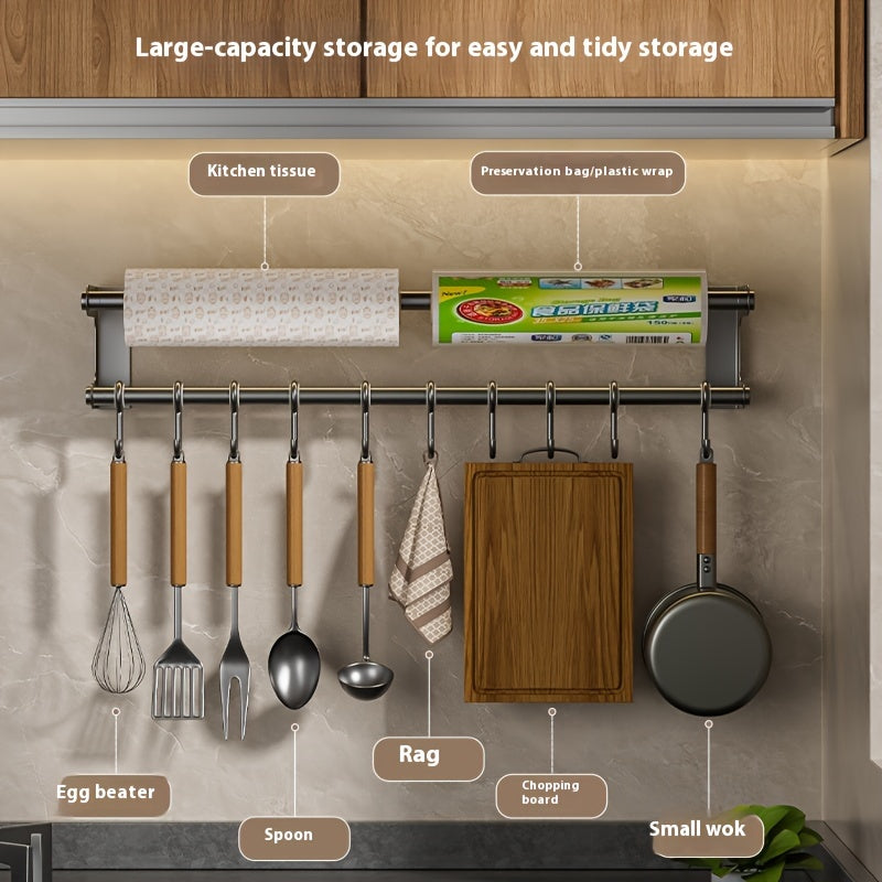 Organizador de Cocina de Acero Inoxidable - Gancho de Pared con Porta Pañuelos, Almacenamiento Multiusos para Utensilios y Accesorios