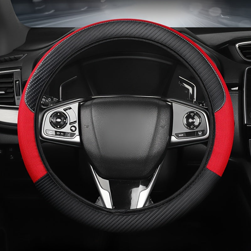 Funda de volante de cuero sintético de ajuste universal con diseño de malla y fibra de carbono - Transpirable, antideslizante, para todas las estaciones, sin anillo interior, se ajusta a la mayoría de los coches, correas de motocicleta | Funda de volante