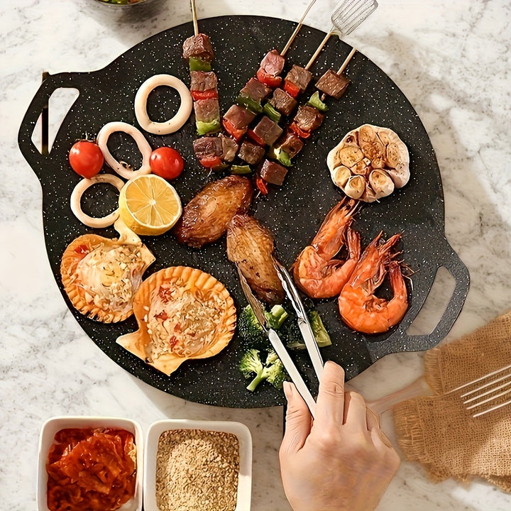 Plato de Parrilla Antiadherente de Hierro Fundido - Utensilios de Cocina Portátiles para Camping y Picnics, Sartén Multiusos con Diseño Elegante, Fácil Limpieza y Distribución Uniforme del Calor, Accesorios para Parrillas Exteriores, Equipo de Cocina Com