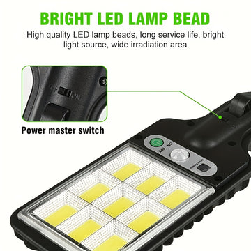 Lámparas solares exteriores: 1 lámpara solar con control remoto y sensor de movimiento, iluminación de 9 cuadrículas y ángulo amplio con LED COB de 6500K, interruptor automático, fácil instalación, ideal para garaje, porche, plaza e iluminación comercial