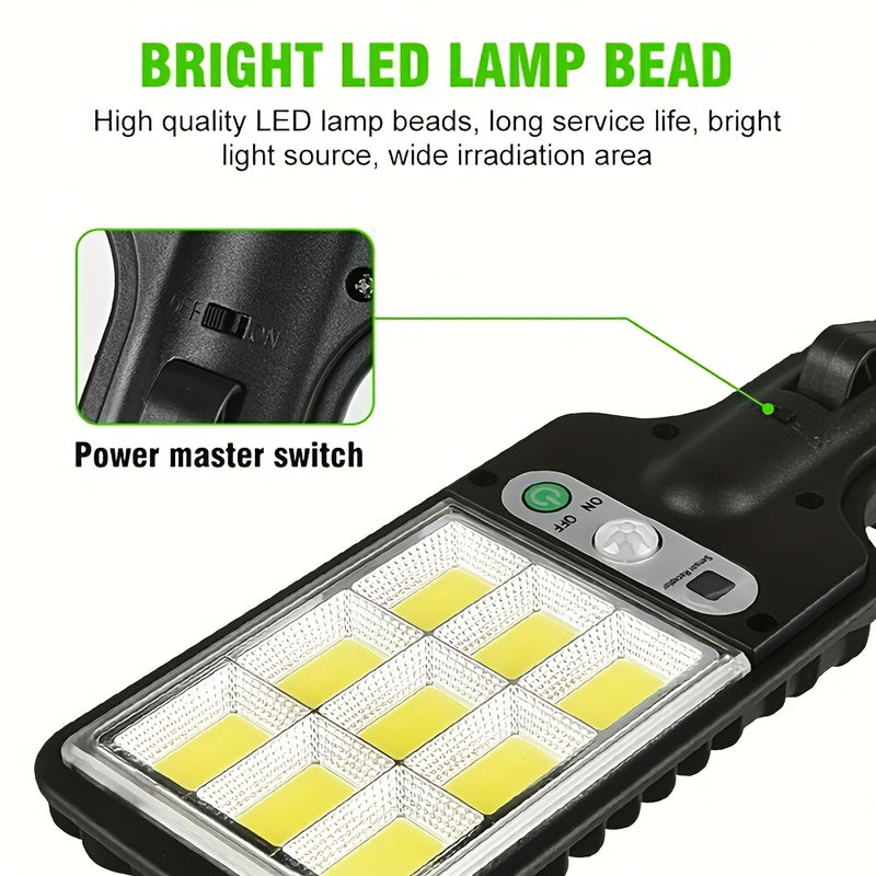 Lámparas solares exteriores: 1 lámpara solar con control remoto y sensor de movimiento, iluminación de 9 cuadrículas y ángulo amplio con LED COB de 6500K, interruptor automático, fácil instalación, ideal para garaje, porche, plaza e iluminación comercial
