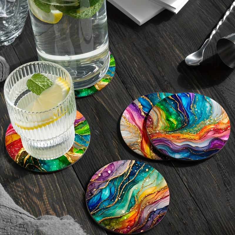 Juego de 4 Posavasos y Manteles Individuales de Madera con Patrón de Mármol Arcoíris - Agarraderas para Ollas Resistentes al Calor, Almohadillas Antideslizantes Multiusos para Cocina, Mesa, Encimeras, Platillos Calientes, Ideales para Hogar, Oficina, Fie