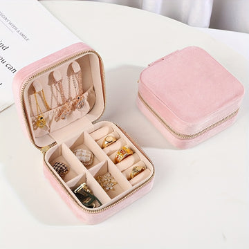 1pc Caja De Almacenamiento De Joyas Portátil Pequeña, Caja De Paquete, Caja De Joyería De Viaje De Terciopelo Para Anillos, Collares, Pulseras, Pendientes, Clips Para El Cabello, Etc. Estilo Elegante Y Exquisito