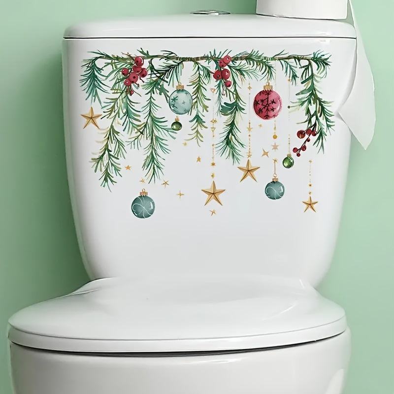 Pegatina de tapa de inodoro festiva de Navidad con guirnalda de pino, bayas y bolitas, decoración de plástico autoadhesiva para superficies cerámicas con características ornamentales - Aplicación de baño de adhesivo de un solo uso