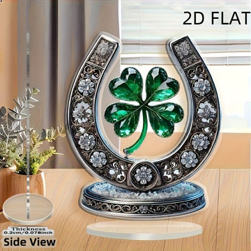 Adorno de Herradura y Trébol de Cuatro Hojas en Estilo Acrílico Cristal Plano 2D, Impresión Plana 2D, Decoración para Mesa, Decoración Hogareña Multipropósito, Sin Pilas, Ideal para San Valentín y Regalos Festivos (19.99/16.13 cm)