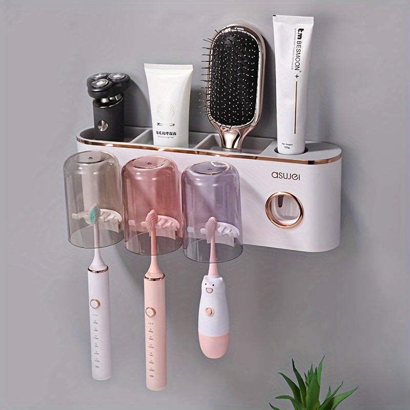 Juego de Soporte para Cepillos de Dientes Montado en la Pared con Taza para Enjuague - Sin Taladro, Organizador de Baño que Ahorra Espacio para Pasta Dental y Cepillos