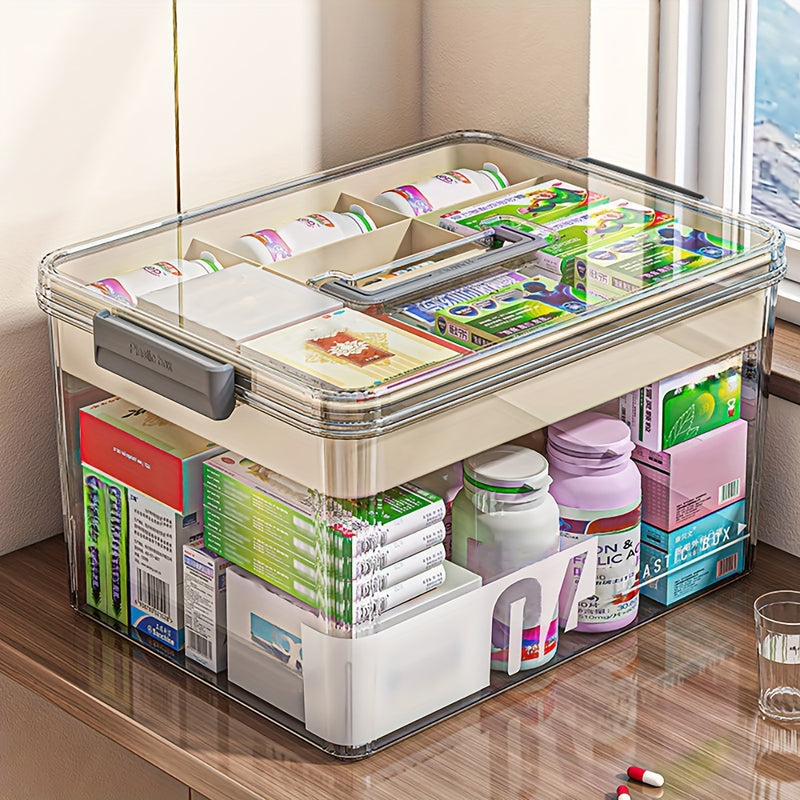 Organizador de Medicinas Transparente de Gran Capacidad con Asa y Tapa - Impermeable, Caja de Almacenamiento Multinivel para Esenciales de Hogar y Oficina