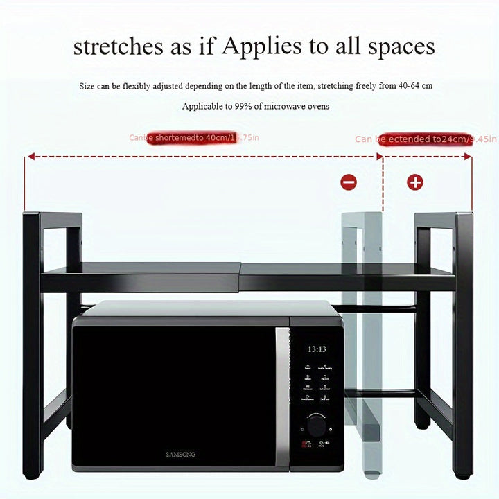 1pc Estante de microondas de metal ajustable, un nuevo nivel de almacenamiento de cocina: longitud ajustable, uso multicapa, estante de microondas retráctil para encimera, estante para horno, estante de almacenamiento para olla arrocera de uso doméstico.