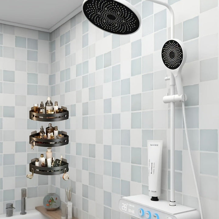 3 estantes de esquina para ducha de plástico negro, organizador de baño montado en la pared sin taladro para champú, jabón y más - diseño de 3 niveles ahorrador de espacio, ideal para cocina y baño, repisas para ducha