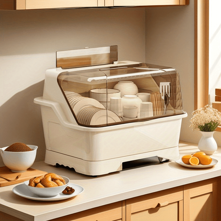 1 caja de almacenamiento de cocina de gran capacidad con tapa - A prueba de polvo, ideal para cubiertos, palillos, cuchillos, tenedores y especias - Organizador de plástico blanco para armarios y encimeras, solución de almacenamiento de cocina | Organiza