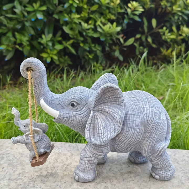 Encantadora Figura de Elefante en Resina con Columpio y Cuna – Diseño Gris Detallado para Decoración Interior/Exterior, Ideal para Sala, Estantería, Vitrina o Soporte de Televisión, Adorno de Elefante