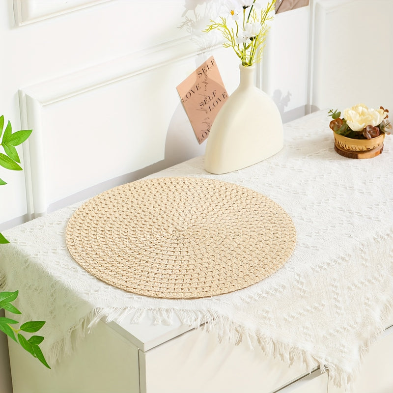 2/4/6 piezas Juego de manteles individuales de lino, tapetes de mesa tejidos redondos, 100% lino resistente al calor, decoración de comedor lavable, patrón a cuadros para uso doméstico y de cocina