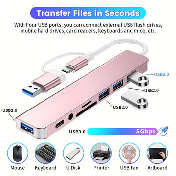 Puente USB multifuncional 8 en 1, puente USB para computadora, puente USB C, lector de tarjetas TF/SD, salida de audio de 3,5 mm, compatible con MacBook Pro/para for ipad Pro/HP Aluminio 4 puertos USB Transferencia de datos