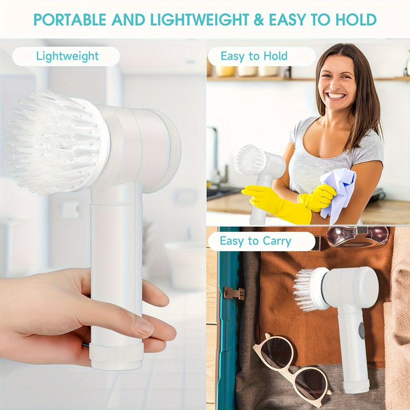 Cepillo giratorio 5 en 1 con 5 cabezas intercambiables - Cepillo de mano inalámbrico, limpiador de ducha y cocina recargable para baño, bañera, azulejos y ducha - Portátil, carga USB, batería de 500 mAh, cepillo de limpieza | Limpiador de cocina moderno
