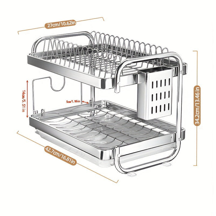 Organizador de Cocina de Acero Inoxidable de Doble Capa - Estante Duradero para Escurrir Platos y Utensilios para Encimeras, Plateado