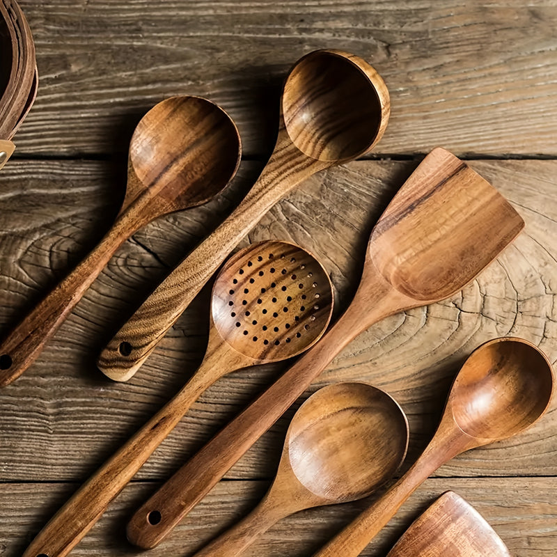 Conjunto de Utensilios de Cocina de Madera AIUHI de 5 Piezas, Cucharas de Madera y Juego de Espátulas Naturales para Sartenes Antiadherentes