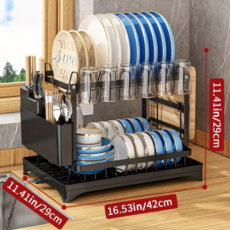 1 pieza, escurridor de platos de 2 niveles con gran capacidad y escurridero, organizador doble para tazones y tazas, desmontable para colgar sobre el fregadero, ideal para almacenar platos, tazones, tazas y cubiertos, color negro y blanco