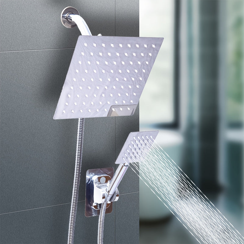 Juego de cabezal de ducha de lujo MLD con lluvia cuadrada y rociador de mano - Alta presión, manguera extra larga de 149.86 cm, desviador de 3 vías, montaje adhesivo y brazo extensible - Acabado negro elegante y plateado, soporte para cabezal de ducha, a