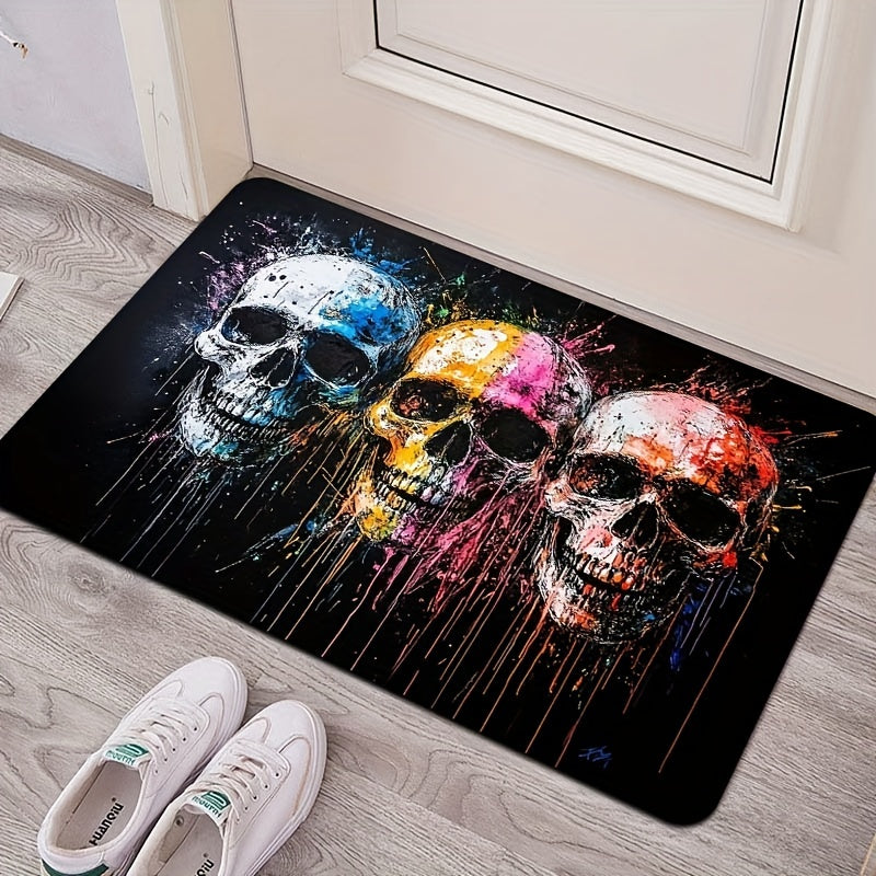 Alfombra de Entrada de Diseño de Cráneo Artístico - Lavable en Máquina, Rectangular, de Poliéster con Revestimiento de PVC, Alfombra Antideslizante para Entrada, Sala de Estar, Dormitorio, Cocina - Alfombra Decorativa de Suelo Hecha a Máquina