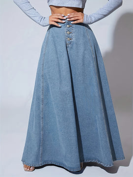 Falda larga acampanada de mezclilla de lavado claro liso, de un solo pecho, corte holgado, para mujer, jeans y ropa de mezclilla