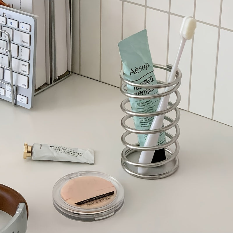 Portacepillos de hierro forjado, diseño circular moderno, accesorio de baño para montar en el piso, organizador de brochas de maquillaje y bolígrafos a prueba de polvo, decoración de escritorio con calado decorativo, sin necesidad de electricidad