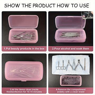 Caja de esterilización de herramientas de uñas, bandeja de esterilización transparente de plástico rosa, caja de almacenamiento de pinzas, caja de pinzas de uñas para salón de belleza y spa, máquina de corte de manicura