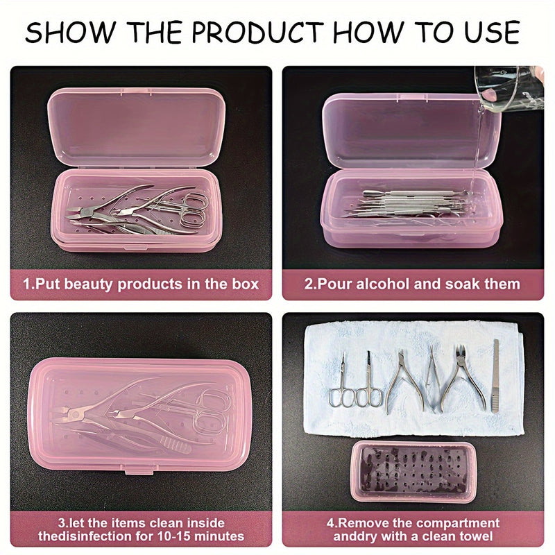 Caja de esterilización de herramientas de uñas, bandeja de esterilización transparente de plástico rosa, caja de almacenamiento de pinzas, caja de pinzas de uñas para salón de belleza y spa, máquina de corte de manicura