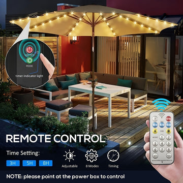 Luces Solares de Sombrilla TPGEBO con Control Remoto - 8 Modos de Brillo, Función de Temporizador, Pinza para Panel Solar para Patio, Playa, Jardín y Decoraciones de Fiesta (Incluye Pilas), Luces Solares Exteriores