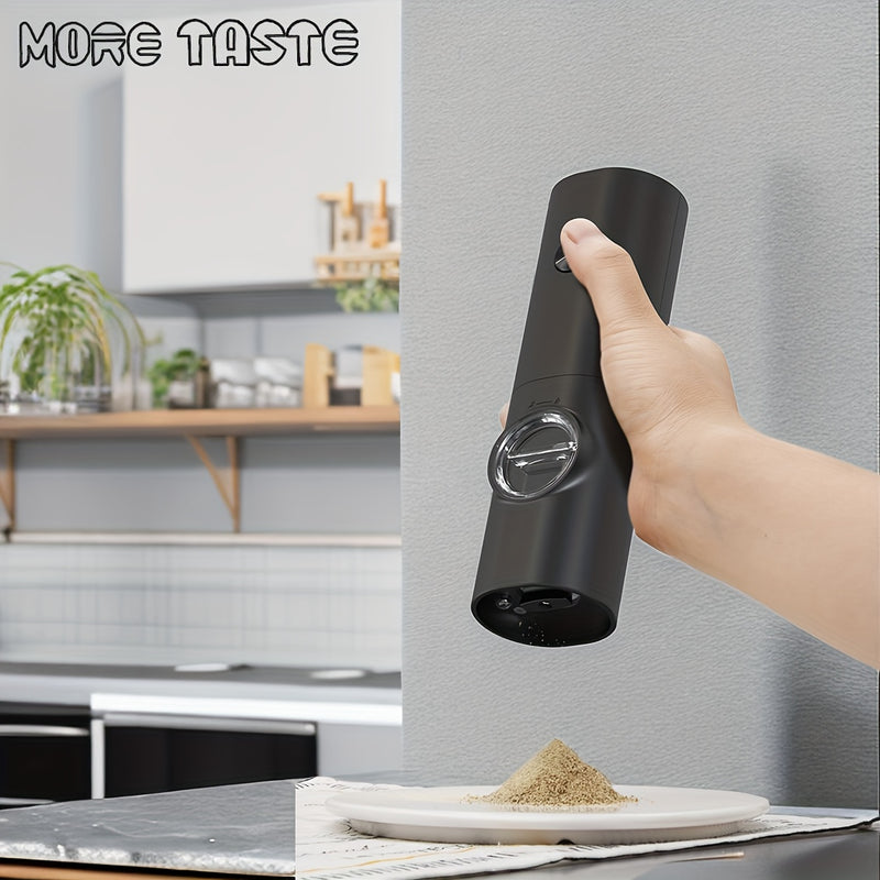 MOLINILLO ELÉCTRICO DE SAL Y PIMIENTA MORE TASTE - Operación con una mano con luz LED, grosor ajustable, molinillo de acero inoxidable recargable, operación automática para especias frescas, molinillo de especias de cocina | Diseño negro elegante | Const