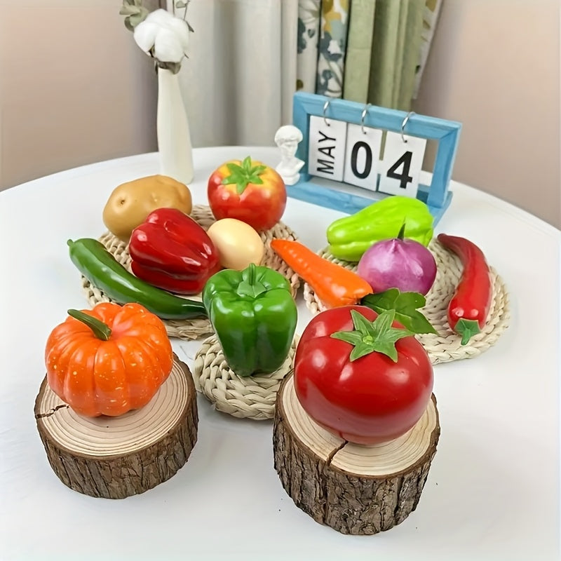 Juego de 12 Piezas de Frutas y Verduras Realistas, Tomates Artificiales, Pepinos, Calabazas, Zanahorias, Berenjenas, Adornos para Exhibición en Tienda o Hogar, Decoración de Mesa de Cocina y Gabinete con Fruta y Verdura