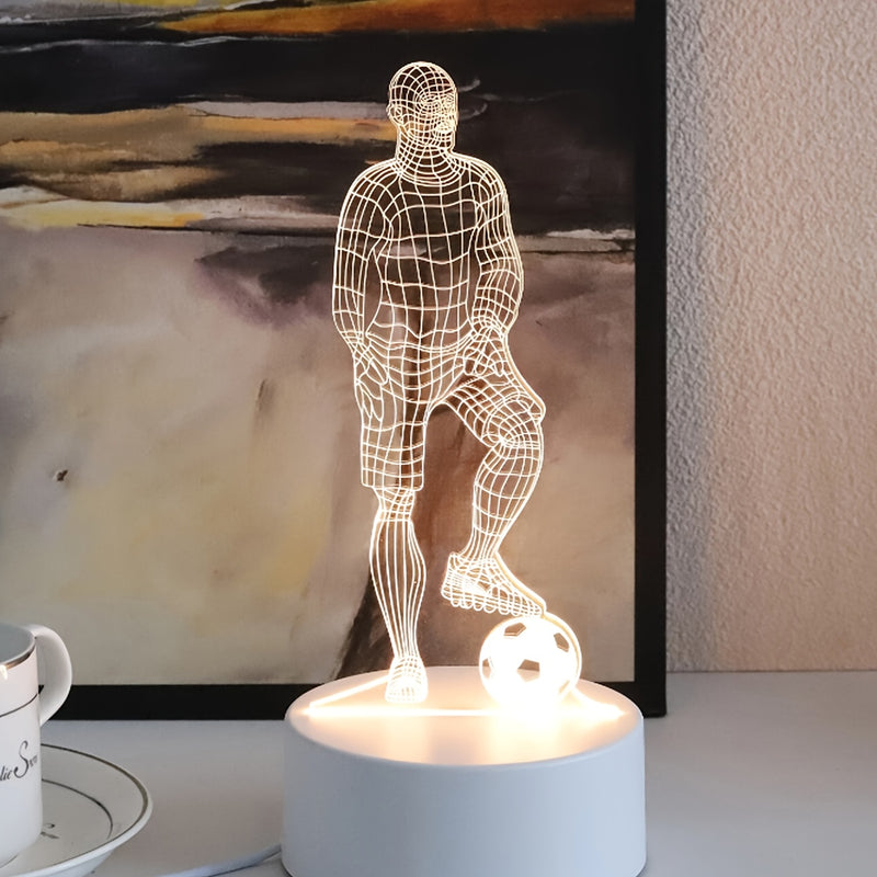 [Lámpara LED 3D con Fútbol] Lámpara de Mesa LED Acrílica con Jugador de Fútbol 3D Alimentada por USB - Lámpara de Pie con Temática Deportiva para Sala de Estar, Decoración de Mesita de Noche - No Requiere Batería