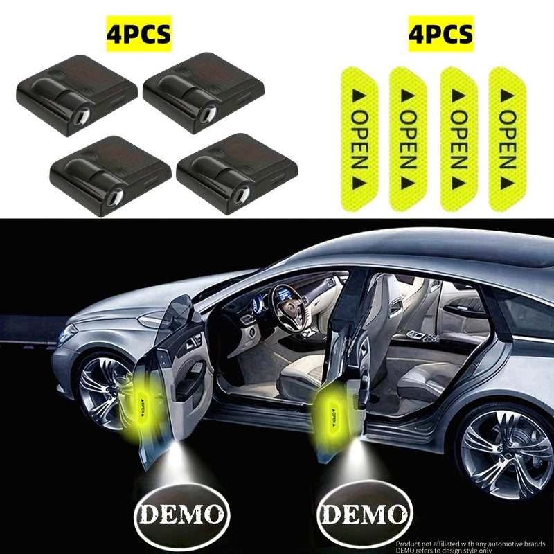 Conjunto de 4 Luces de Bienvenida para Puertas de Coche con Proyección de Logotipo al Estilo OEM, Proyector de Logotipos Universal Inspirado en el Equipo Original y 4 Pegatinas Reflectantes para Coches, Instalación Fácil - Compatibilidad Universal con la