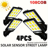 4 luces solares para pared LihangStar 108COB con sensor, 3 modos y control remoto, acabado en plástico y metal resistente, ideales para jardín, patio, pasillos, iluminación de calles, luz exterior para pared | Iluminación exterior moderna | Lámpara resis