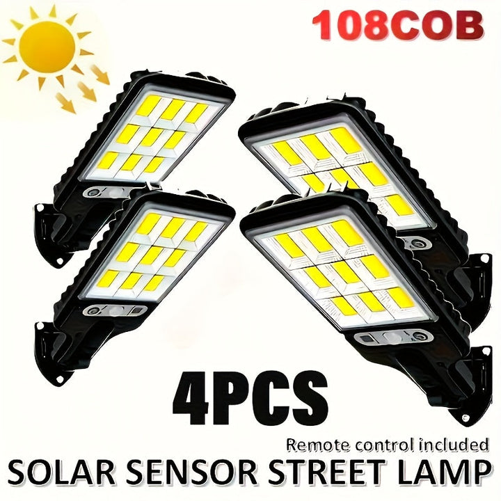4 luces solares para pared LihangStar 108COB con sensor, 3 modos y control remoto, acabado en plástico y metal resistente, ideales para jardín, patio, pasillos, iluminación de calles, luz exterior para pared | Iluminación exterior moderna | Lámpara resis