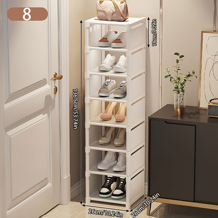 Organizador de zapatos blanco de varios niveles - Diseño vertical ahorrador de espacio con estantes abiertos, fácil de armar, ideal para entrada, sala, habitación o cocina | Estante de almacenamiento blanco elegante | Barras de soporte de metal, organiza