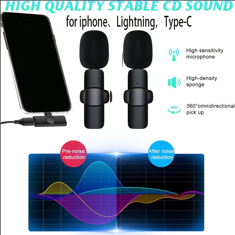 Microfono sin varillas Lavalier Profesional, Compatible con iPhone iPad Cargador Tipo-C - 2 Piezas Plug-and-Play para Grabación y Entrevistas, Reducción de Ruido Automática, Mini Micrófono Clip-On con Estuche de Carga, Compatibilidad con Laptop