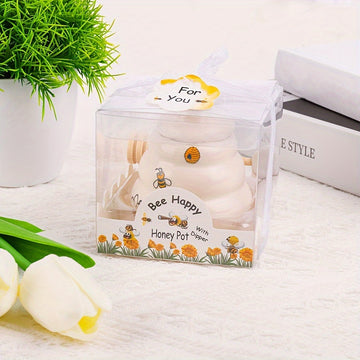 Tarro de miel de abeja de cerámica con asa, acabado metálico pulido, diseño cuadriculado, frasco creativo para especias, adorable contenedor de almacenamiento, temática navideña, artesanal, para uso en hogar y mesa de comedor