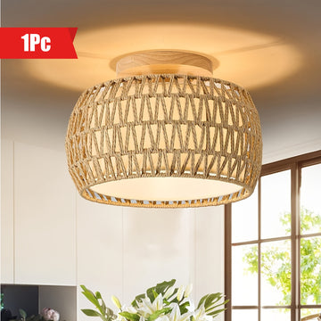 1pc Lámpara de techo semiempotrada de ratán bohemio para decoración de granja, lámpara de araña de cuerda de mimbre rústica tejida a mano para comedor, cocina, dormitorio, entrada y pasillo