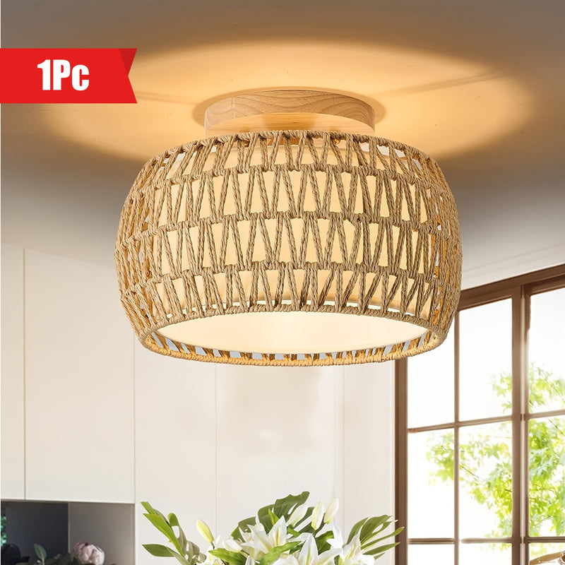 1pc Lámpara de techo semiempotrada de ratán bohemio para decoración de granja, lámpara de araña de cuerda de mimbre rústica tejida a mano para comedor, cocina, dormitorio, entrada y pasillo