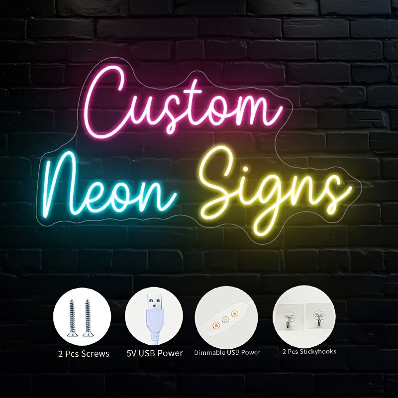 Letras de neón personalizadas con luces LED para decoración de bodas, cumpleaños y fiestas - Iluminación acrílica regulable con control de botón, alimentación USB, material plástico ≤36 V, no requiere batería.