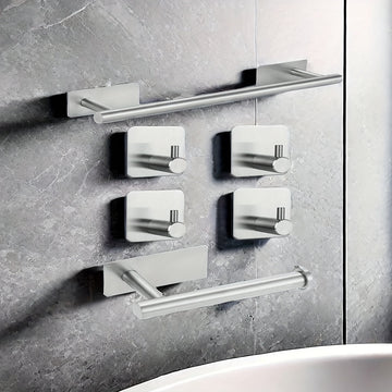 Juego de 6 toalleros contemporáneos, kit de herrajes para baño de acero inoxidable con toallero, toallero de pared, portarrollos de papel higiénico, ganchos para batas - Instalación sin taladros